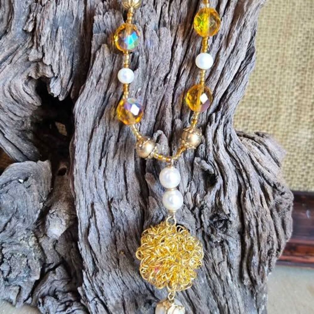 Handmade Mixed Bead Statement Necklace Repurposed Wire Orb Pendant